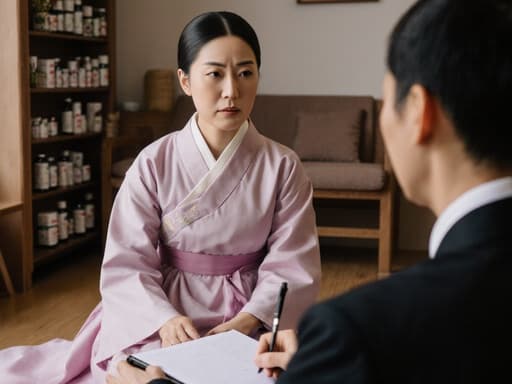 30대 중동계 여성이 전통 한복 스타일의 의사 가운을 착용하고 바닥에 앉아 진지한 표정으로 환자를 바라보며 메모장을 들고 있는 모습. 배경에는 한방 약재가 진열된 전통 한의원 내부와 편안한 대기 공간이 조화를 이루며 따뜻하고 전문적인 환경을 조성하고 있습니다.