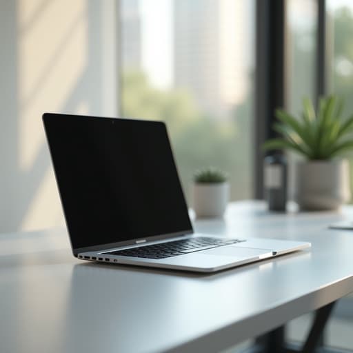 minimalistic desk 위의 노트북과 인근 창문을 통한 부드러운 자연광이 어우러진 현대적이고 깔끔하며 평화로운 분위기.