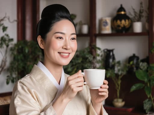 40대 한국인 여성이 편안한 전통 한복을 입고 따뜻한 미소를 지으며 한 손으로 차를 들고 있는 모습의 반신 사진. 전통적인 장식과 식물이 어우러진 아늑한 한의원의 내부.