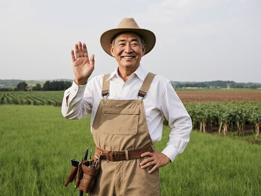 50대 동양인 남성이 농업 작업복을 입고 긍정적인 미소를 지으며 한 손을 인사하는 포즈로 허리에 얹고 있는 모습의 반신 사진으로, 배경에는 푸른 잔디가 펼쳐진 농장 풍경과 농작물이 보입니다.