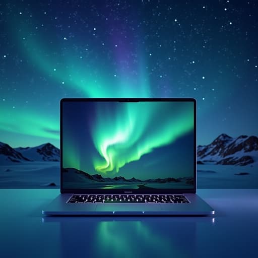 노트북, 별이 빛나는 밤하늘의 컬러풀한 오로라, 평화롭고 매혹적인