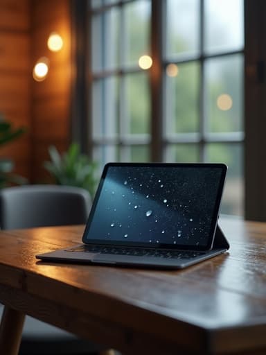 나무 테이블 위의 태블릿과 비 내리는 창가가 있는 아늑한 실내 분위기.