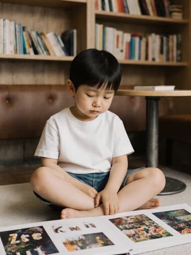 3세 한국인 남아가 편안한 티셔츠와 반바지를 입고 아늑한 카페에서 크로스 레그로 앉아 있습니다. 그는 졸린 표정으로 알파벳을 배우는 내용을 담은 책이나 앨범을 바라보고 있습니다. 배경은 책장이 있는 아늑한 카페의 내부로, 학습에 적합한 따뜻하고 초대하는 분위기를 연출합니다.