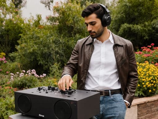 세련되고 자신감 있는 30대 라틴계 남성이 깔끔한 흰색 셔츠, 트렌디한 청바지, 세련된 가죽 재킷을 입고 스테레오 시스템을 조작하며 음악에 몰입하는 모습의 반신 촬영. 그의 표정은 세련되며, 배경은 화사한 꽃들과 무성한 나무들이 어우러진 아름다운 야외 정원으로, 조화롭고 생동감 넘치는 분위기를 연출합니다.