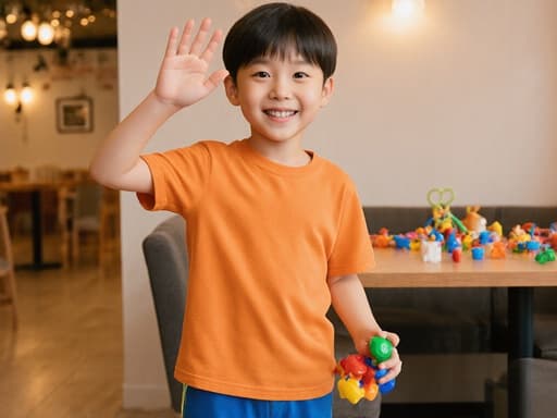밝은 색의 티셔츠와 반바지를 입고, 장난감을 들고 인사하며 활짝 웃고 있는 7세 한국 남성의 반신 촬영. 아늑한 카페 내부에서 따뜻한 조명과 장난감이 놓인 테이블이 어우러져 즐겁고 유쾌한 분위기를 연출합니다.