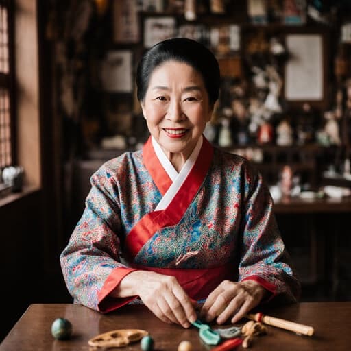 70대의 동양인 여성의 반신 사진으로, 화려한 전통 한복을 입고 친근한 미소를 지으며 따뜻한 표정을 짓고 있습니다. 그녀는 아늑한 카페 테이블에 앉아 전통 놀이 도구를 만지작거리며 흥미롭게 바라보고 있습니다. 카페의 내부는 전통 소품으로 장식되어 있어 문화적인 분위기를 더하고 있습니다. 그녀의 따뜻한 표정과 부드러운 미소는 관객을 초대하는 듯한 따뜻하고 향수를 불러일으키는 분위기를 연출합니다.