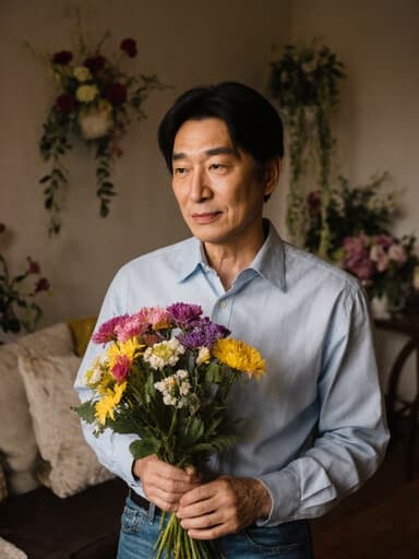 아늑한 거실에 서 있는 중년 아시아 남성이 편안한 셔츠와 청바지를 입고 있습니다. 그는 손에 다채로운 꽃다발을 들고 무관심한 표정으로 꽃을 바라보고 있습니다. 방은 꽃 장식으로 꾸며져 있어 따뜻하고 아늑한 분위기를 만들어냅니다.