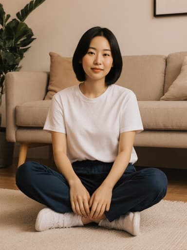 밝은 거실 바닥에 앉아 있는 자신감 넘치는 아시아계 10대 소녀. 편안한 티셔츠와 운동복 바지를 입고 있으며, 다리를 살짝 교차하고 손을 무릎 위에 올려놓고 밝은 표정을 지으며, 소파와 식물들이 있는 따뜻하고 아늑한 분위기 속에 있습니다.
