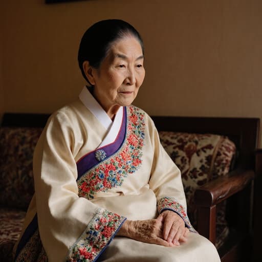 이 이미지는 80대 동양인 여성이 화려한 자수가 있는 전통적인 한복을 입고 있는 모습입니다. 그녀는 아늑한 거실에 앉아 다리를 뻗고 무릎 위에 손을 편안히 놓고 있으며, 깊은 생각에 잠긴 외로운 표정을 지으며 따뜻한 색상과 전통적인 장식에 둘러싸여 있습니다.