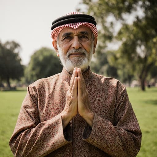 전통 복장을 입은 중동계 노인이 고요한 공원에서 나무와 풀밭을 배경으로 반신 촬영된 모습입니다. 그는 자연스러운 외모와 무관심한 표정을 지으며, 두 손을 가슴 앞에 모아 인사하는 자세를 취하고 있습니다. 고요한 공원 환경이 이미지의 평화로운 분위기를 더합니다.