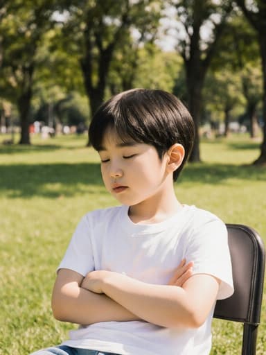 7세 한국인 남성의 반신 사진으로, 귀여운 외모를 지닌 아이가 햇빛이 비추는 공원에서 편안하게 의자에 앉아 있습니다. 캐주얼한 티셔츠와 반바지를 입고 졸린 표정을 지으며 뒷머리를 긁고 있는 모습이며, 배경에는 푸른 잔디와 나무들이 있어 전체적으로 즐겁고 평화로운 분위기를 만들어냅니다.
