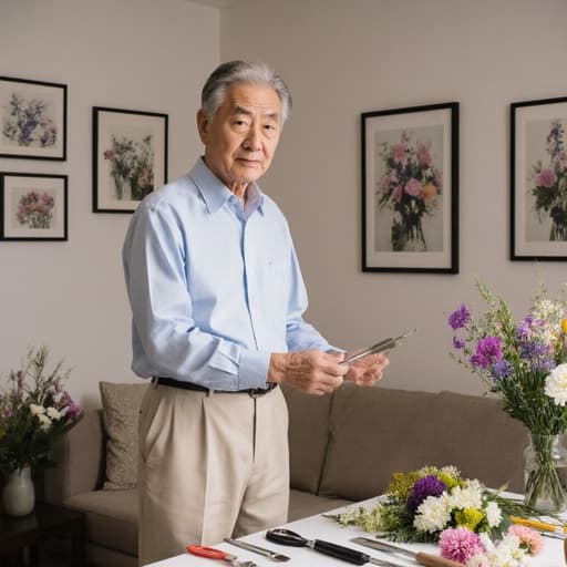 60대 한국인 남성이 아늑한 거실에 서서 편안한 복장을 입고 꽃꽂이 도구를 들고 있으며, 꽃꽂이 교육을 시작하기 전의 약간의 긴장한 표정을 짓고 있는 반신 샷입니다. 거실에는 꽃 사진과 다양한 꽃들이 놓여 있어 아늑한 분위기를 더하고 있습니다.