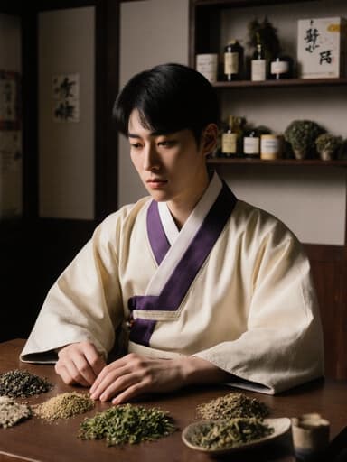 전통 한복을 입은 10대 초반의 동양인 남성이 아늑한 한의원에서 약재를 바라보며 깊은 생각에 잠긴 모습, 전통 장식과 약재가 진열된 선반으로 둘러싸인 모습.