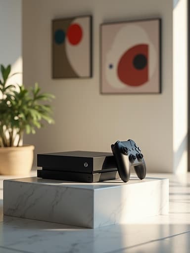 세련된 게임 콘솔이 다듬어진 받침대 위에 놓여 있고, 현대 미술 갤러리의 추상 예술 작품에 둘러싸여 있으며, 부드러운 자연광이 장면을 비추고 부드러운 그림자와 반사를 만들어냅니다.