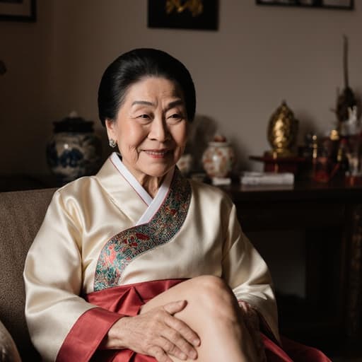 전통 한복을 입은 80대 혼혈 여성의 반신 사진으로, 소파에 편안하게 앉아 다리를 뻗고 있는 모습입니다. 그녀는 따뜻한 미소와 편안한 표정을 짓고 있으며, 전통적인 소품으로 장식된 아늑한 거실을 배경으로 하고 있어 따뜻함과 문화적 이야기를 담고 있습니다.