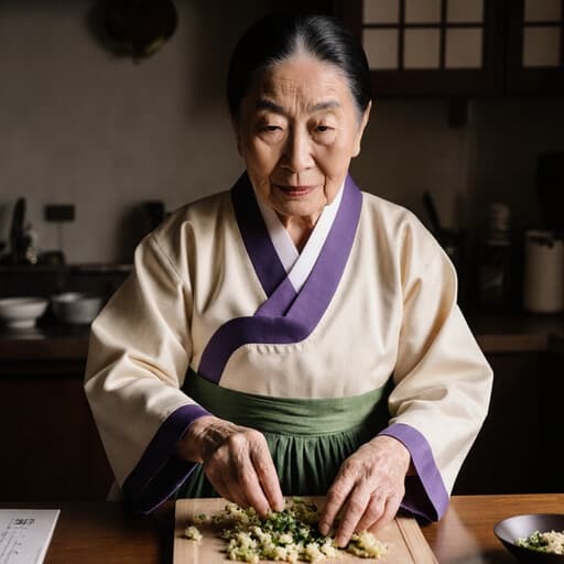 차분한 표정을 지닌 80세 아시아계 여성이 전통 한복을 입고 아늑한 주방에서 음식을 준비하고 있습니다. 따뜻한 분위기가 그녀의 차분한 모습을 강조하며, 테이블 위의 재료를 정리하는 모습은 요리 전통의 본질을 잘 나타냅니다.