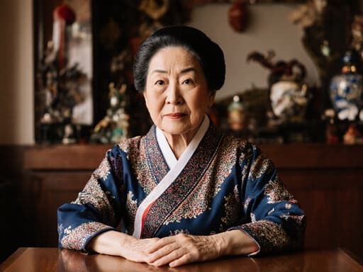 전통적인 한복을 입은 70대 동양인 여성의 반신 사진입니다. 그녀는 아늑한 테이블에 앉아 손을 올리고 약간 지루한 표정을 짓고 있습니다. 배경은 따뜻하고 아늑한 거실로, 전통적인 장식품들로 가득 차 있어 조화로운 문화적 분위기를 만들어냅니다.