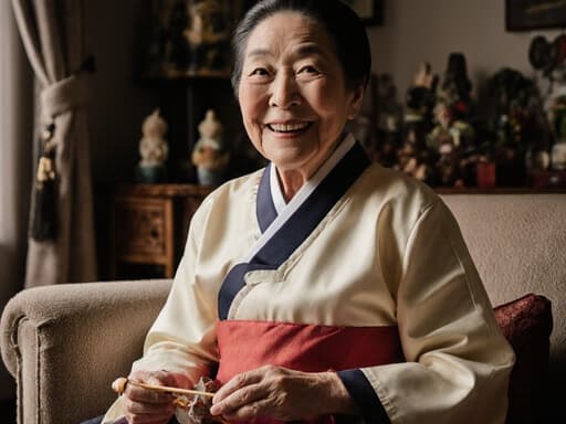 이 이미지는 80대 백인 여성의 따뜻하고 초대하는 듯한 반신 샷을 보여줍니다. 그녀는 아름답게 제작된 한복을 입고 아늑한 소파에 앉아 있으며, 전통적인 놀이 도구를 들고 즐거운 표정을 지으며 따뜻함과 향수를 불러일으킵니다.