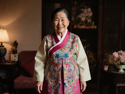80대 동양인 여성의 반신 사진. 그녀는 화려한 전통 한복을 입고 있으며, 섬세한 자수가 돋보인다. 따뜻한 미소를 지으며 자연스럽게 손을 옆에 두고 걷고 있는 모습으로, 아늑한 거실에서 전통 장식과 따뜻한 조명으로 편안한 분위기를 연출한다.