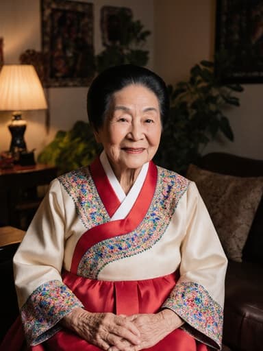 화려한 전통 한복을 입고 있는 80대 아시아계 여성의 반신 상, 아늑한 거실에서 전통 소품과 식물이 있는 배경 속에서 고마운 미소를 지으며 편안하게 앉아 있는 모습입니다.