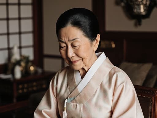 80대 백인 여성의 반신 상반신 이미지로, 부드러운 색상의 천으로 만들어진 전통 한복을 입고 있으며, 피곤한 표정과 부드러운 미소를 지으며 고개를 숙여 인사하는 모습이, 전통적인 장식으로 꾸며진 아늑한 거실 배경 속에 담겨 있습니다.