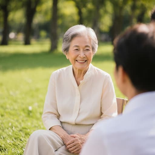 이 이미지는 부드럽고 자연스러운 외모를 가진 70대 한국인 여성이 편안한 블라우스와 면바지를 입고 있는 모습을 담고 있습니다. 그녀는 친근한 표정을 지으며 가족에 대한 애정을 드러내고 있으며, 푸른 잔디로 가득한 그림 같은 공원에서 다리를 뻗고 앉아 가족과의 대화를 즐기고 있습니다.