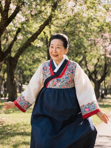 70대의 존엄한 한국인 여성이 화려한 전통 한복을 입고, 전통 이야기를 들려주며 점프하는 모습의 전신 사진입니다. 그녀의 지혜로운 표정과 깊은 눈빛은 삶의 경험을 반영하며, 따뜻한 햇살 아래 푸르고 화려한 꽃들로 가득한 공원 배경에 놓여 있습니다.