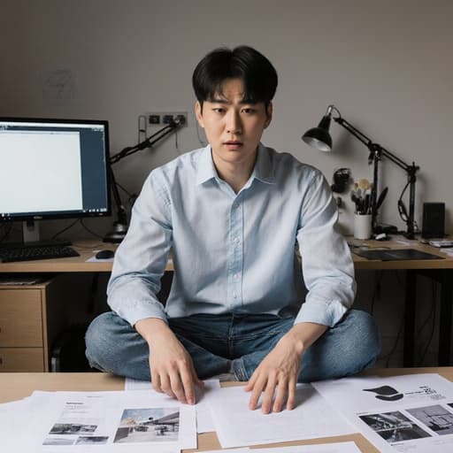 30대 한국인 남성이 정돈된 작업 공간에서 디자인 프레젠테이션 자료를 바라보며 당황한 표정을 짓고 있습니다. 그는 캐주얼한 셔츠와 청바지를 입고 있으며, 컴퓨터와 다양한 디자인 도구들로 둘러싸여 창의적인 고찰의 순간을 포착하고 있습니다.