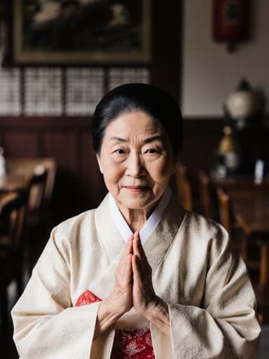 부드러운 색상의 전통 한복을 입은 80대의 동양인 여성이 전통적인 한국 소품과 나무 가구로 장식된 매력적인 카페에서 서 있습니다. 그녀는 무관심한 표정을 지으며 두 손을 가볍게 모은 채로 인사하는 자세를 취하고 있어 따뜻하고 전통적인 분위기를 자아냅니다.
