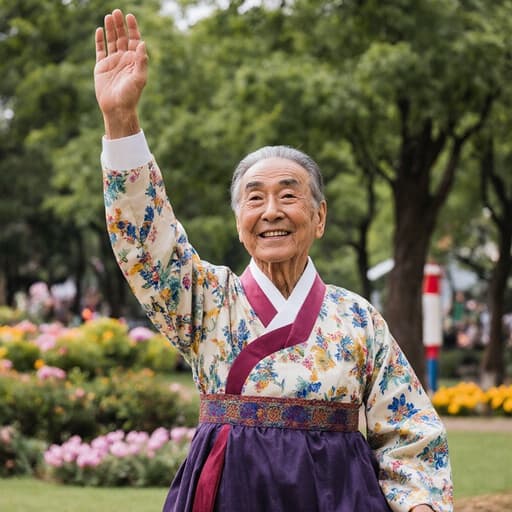 화려한 전통 한복을 입은 80세 혼혈 남성의 반신 사진으로, 지혜로운 미소를 지으며 푸르고 화려한 꽃들이 있는 공원에서 스트레칭하는 모습입니다. 전통 축제의 분위기가 느껴집니다.