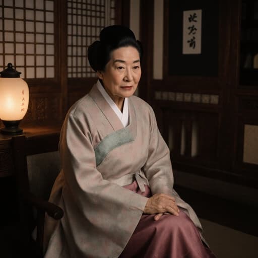 70대 아시아계 여성이 전통 찻집 배경에서 편안하게 다리를 뻗고 앉아 있는 반신 상반신 모습. 그녀는 전통 한복을 착용하고 있으며, 복잡한 패턴과 화려한 색상이 돋보입니다. 찻집의 아늑한 분위기는 나무 가구와 부드러운 조명으로 장식되어 있으며, 그녀의 평온한 표정과 잘 어울립니다. 이 이미지는 전통과 지혜의 본질을 포착하며, 그녀의 자연스러운 우아함과 문화의 아름다움을 보여줍니다.