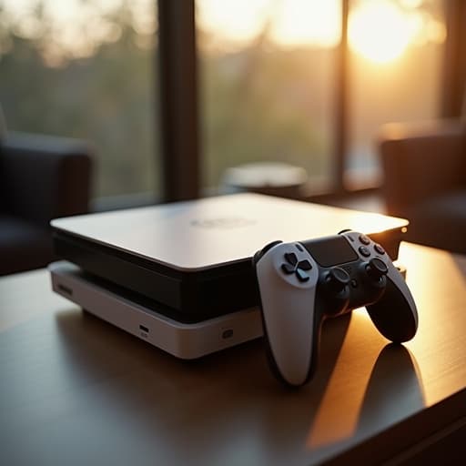 따스한 오후 햇살 배경에 게임 콘솔이 있어 아늑한 분위기를 자아냅니다.