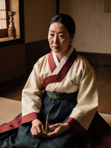 이미지에는 40대 동양인 여성이 아늑한 전통 한복을 입고 있는 반신 사진이 담겨 있습니다. 그녀는 바닥에 앉아 뜸을 뜨는 도구를 들고 긴장한 표정으로 집중하고 있으며, 따뜻한 조명과 자연 소재로 장식된 아늑한 치료실에 둘러싸여 있습니다.