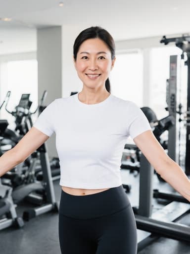 40대 한국인 여성이 스타일리시한 피트니스 복장을 입고, 현대적인 체육관 배경에서 활기찬 미소를 지으며 서 있는 반신 사진.