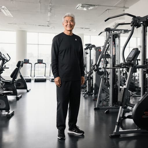 이 이미지는 60대 한국인 남성이 편안한 운동복을 입고 활기찬 체육관에서 서 있는 반신 사진을 보여줍니다. 그는 즐거운 표정을 지으며 긍정적인 에너지를 발산하고 있으며, 주변에는 다양한 운동 기구가 배치되어 있습니다.
