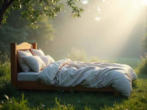 아침 안개가 낀 고요한 정원에 있는 싱글 침대, 고요한, 평화로운