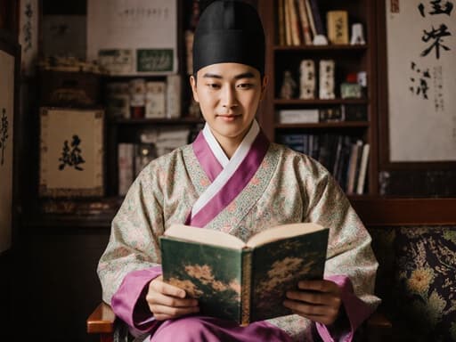 전통 한복을 입은 혼혈 남성이 아늑한 한의학 연구실에서 편안하게 앉아 한의학에 관한 책을 읽고 있으며, 밝고 희망적인 표정으로 문화 유산의 본질을 담고 있습니다.