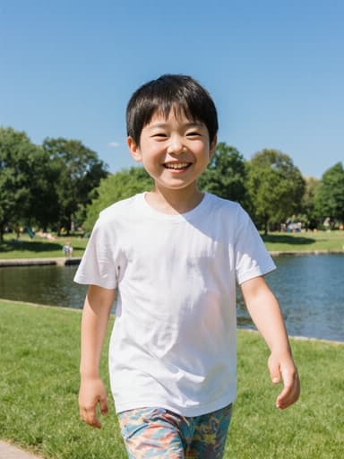 7세 동양인 남성이 밝고 건강한 외모로, 편안한 반팔 티셔츠와 반바지를 입고 물가로 걷고 있는 전신 사진입니다. 그는 물놀이를 위해 활발하고 즐거운 표정으로 물가로 향하고 있습니다. 배경은 나무와 잔디가 어우러진 화창한 공원으로, 즐거운 야외 분위기를 만들어냅니다.