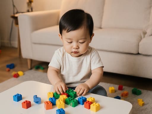 귀여운 외모의 1세 남자 아기, 동양인이 편안한 티셔츠와 바지를 입고 있는 반신 촬영. 졸린 표정으로 눈이 반쯤 감겨 있으며, 테이블 위에 놓인 다채로운 레고 블록을 만지작거리고 있다. 배경은 아늑한 거실로, 부드러운 조명이 비추고 있으며, 소파와 장난감들이 바닥에 흩어져 있어 따뜻하고 즐거운 분위기를 만들어낸다.