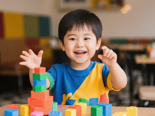 아늑한 카페에서 다양한 색상의 블록을 쌓으려는 귀여운 3세 한국 남자아이의 반신 이미지. 순수한 미소와 화려한 의상이 함께 어우러져 즐거운 분위기를 만들어냅니다.