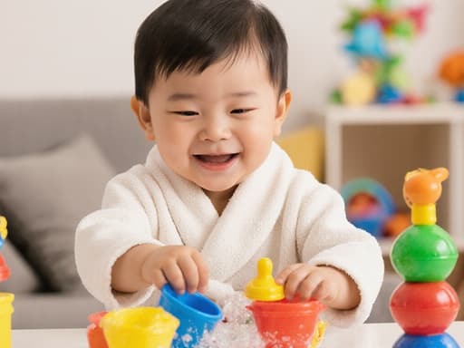 편안한 목욕 가운을 입은 귀여운 1살 아시아계 남자 아기가 밝고 아늑한 거실 테이블에 앉아 장난감을 가지고 놀며 순수한 미소를 짓고 있습니다. 주변에는 장난감과 물놀이 용품이 흩어져 있습니다.