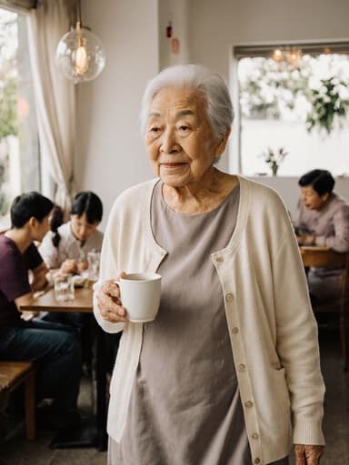 80대 아시아계 여성의 전신 사진으로, 온화하고 자연스러운 외모를 가지고 있으며 편안한 원피스와 가벼운 카디건을 착용하고 있습니다. 그녀는 아늑한 카페에서 느긋하게 걷고 있으며 가족과 함께하는 시간을 즐깁니다. 따뜻하고 편안한 표정을 지으며 손에 커피 컵을 들고 있어 편안함과 고요함을 나타냅니다. 배경에는 가족 친화적인 테이블이 보이는 카페 내부가 있어 따뜻한 분위기를 더합니다.