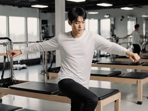 10대 초반의 동양인 남성이 필라테스 스튜디오에서 긴 팔 티셔츠와 레깅스를 입고 지루한 표정을 지으며 필라테스 매트 위에서 동적인 자세를 취하고 있습니다. 깨끗하고 현대적인 환경 속에서 매력적이고 현대적인 분위기를 만들어냅니다.