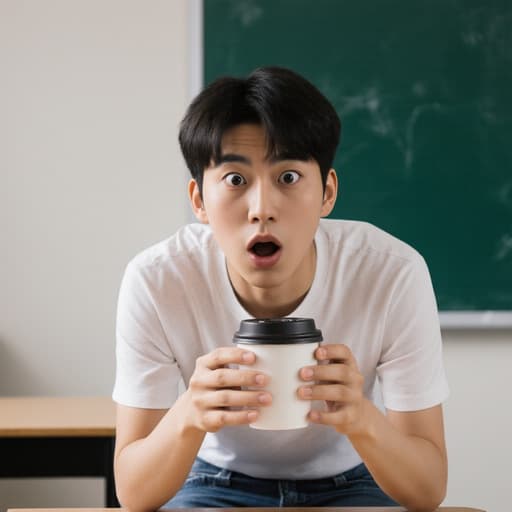 편안한 티셔츠와 청바지를 입은 10대 후반의 동양 남성이 커피 컵을 두 손으로 잡고 약간 앞으로 나아가며 놀란 표정을 짓고 있는 모습이 깔끔한 학습실에서 책상과 칠판과 함께 담겨 있습니다.