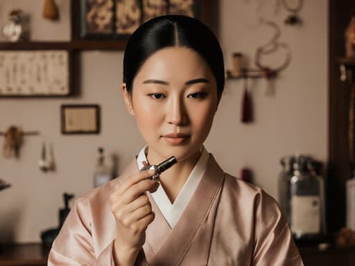 아늑한 한의원 내부에서 편안한 한복을 입고 한의 진단 도구를 손에 들고 살펴보는 30대 라틴계 여성의 차분한 반신 사진입니다.