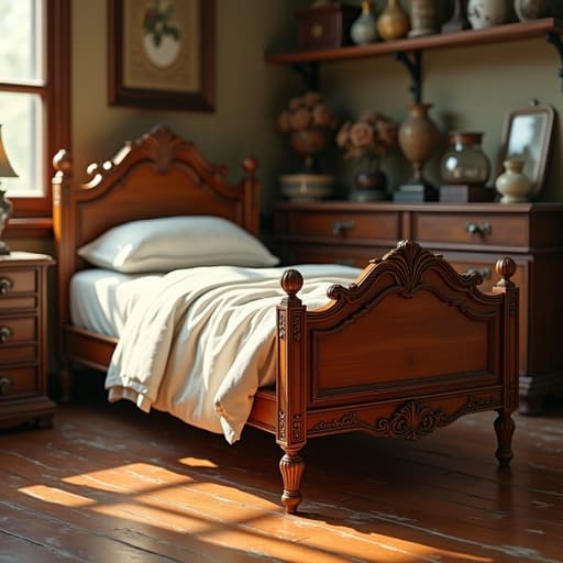 아늑한 앤티크 가게에서 따뜻한 자연광 아래 세련된 나무 단일 침대, 복잡한 조각과 부드러운 리넨, 미세한 긁힘이 있는 광택 나는 나무 바닥과 배경에서 섬세하게 흐릿해진 장식적인 빈티지 아이템이 특징입니다.