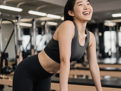 이 이미지는 편안한 필라테스 복장을 입은 행복한 아시아계 10대 소녀의 반신 사진으로, 밝고 깨끗한 운동 공간에서 다양한 필라테스 기구가 배치된 배경 속에서 유연한 자세를 취하고 있습니다. 그녀의 즐거운 표정과 유연한 포즈는 건강과 운동에 대한 열정을 전달합니다.
