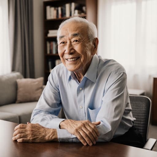 70대 동양인 남성이 회의실 테이블에 앉아 고마운 표정으로 미소를 짓고 있는 반신 사진입니다. 그는 편안한 복장을 입고 있으며, 밝고 아늑한 거실 배경에는 소파와 책장이 있어 따뜻한 분위기를 자아냅니다.