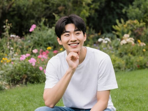 이미지에는 10대 초반의 동양인 남성이 캐주얼한 티셔츠와 청바지를 입고 자신감 넘치는 행복한 표정을 지으며 턱에 손을 가볍게 얹고 서 있는 모습이 담겨 있습니다. 배경은 푸른 잔디와 다채로운 꽃들로 가득한 생기 넘치는 정원이 있어 장면의 즐거운 분위기를 더욱 강조합니다.