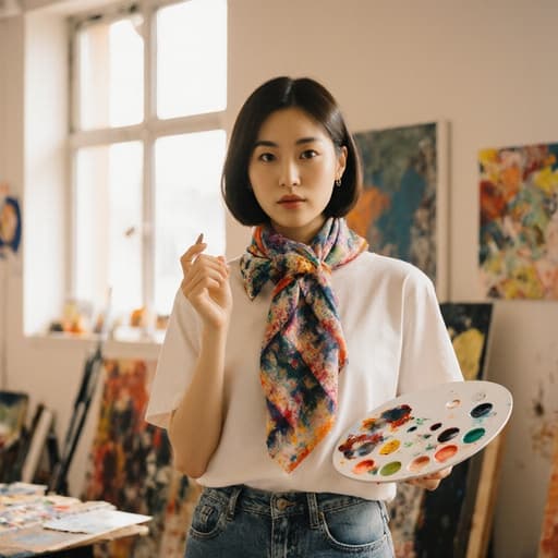20대 한국인 여성이 편안한 티셔츠와 청바지를 입고 다채로운 스카프를 두른 채 한 손에 파레트를 들고 음식을 먹으려는 제스처를 취하고 있는 모습으로, 아늑한 화실 배경과 부드러운 자연광이 어우러져 있습니다.